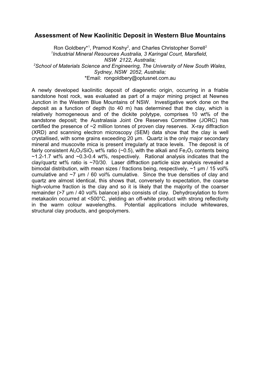 Assessment of New Kaolinitic Deposit in Western Blue Mountains