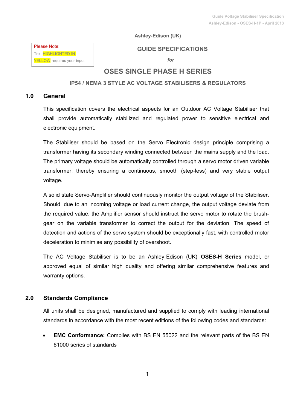 Guide Specification for Ashley-Edison OSES Single Phase AC Voltage Stabilisers