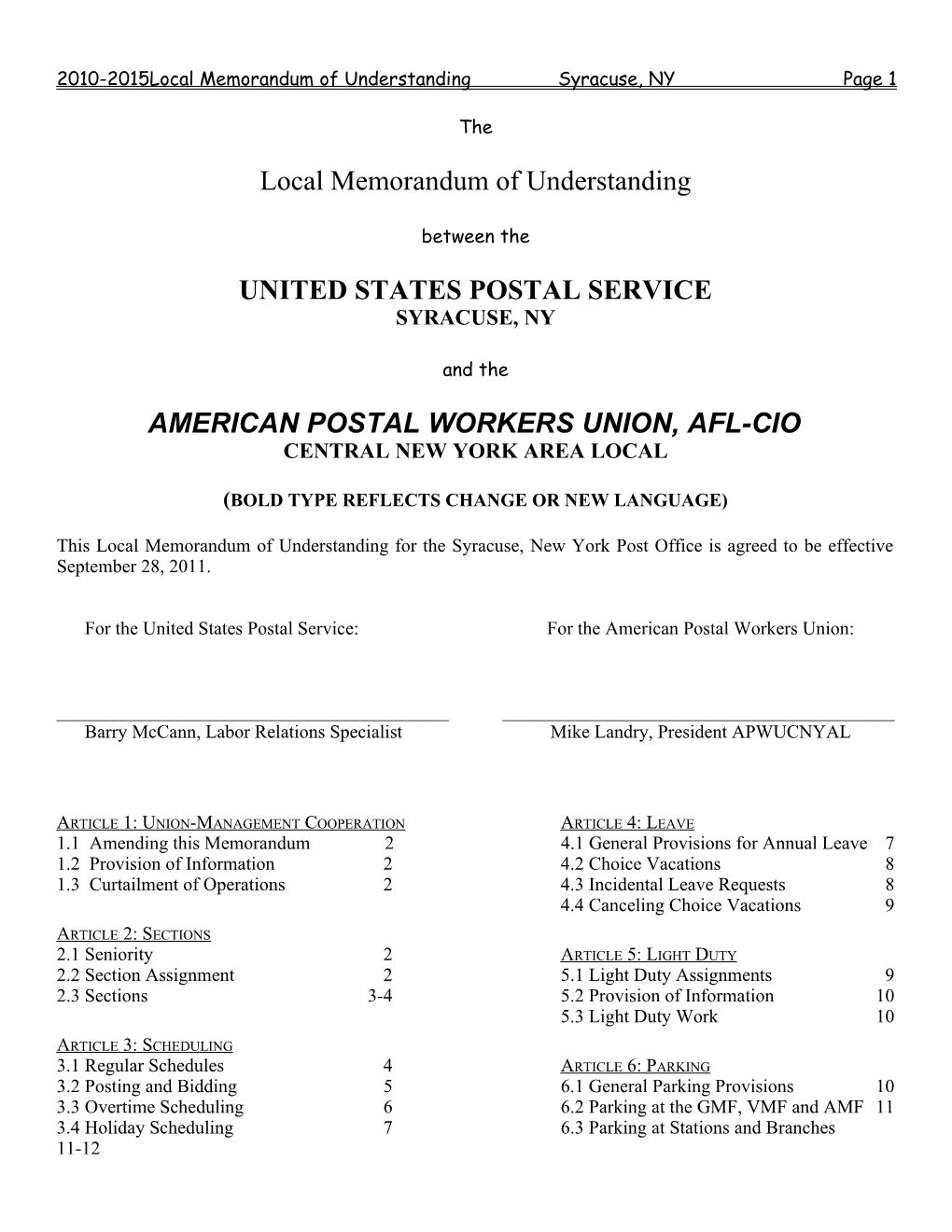 2010-2015Local Memorandum of Understanding Syracuse, NY Page 1