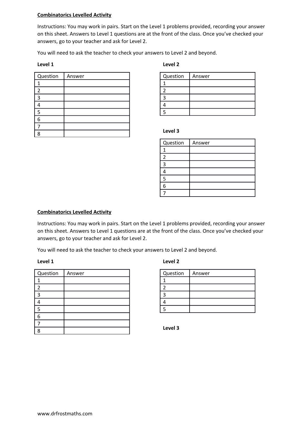 Combinatorics Levelled Activity