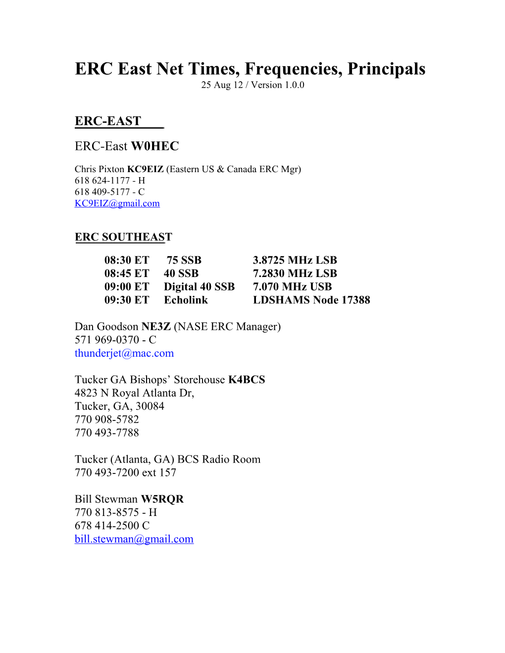 ERC East Net Times, Frequencies, Principals