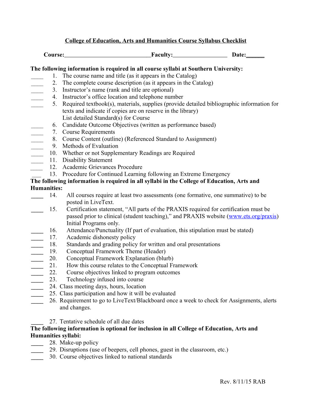 College of Education Course Syllabus Checklist