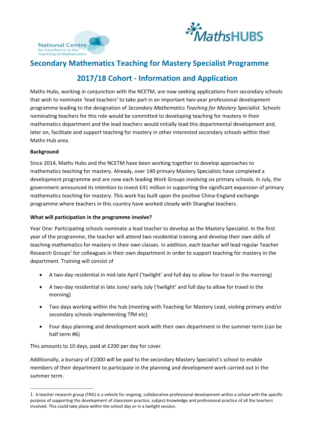 Secondary Mathematics Teaching for Mastery Specialist Programme