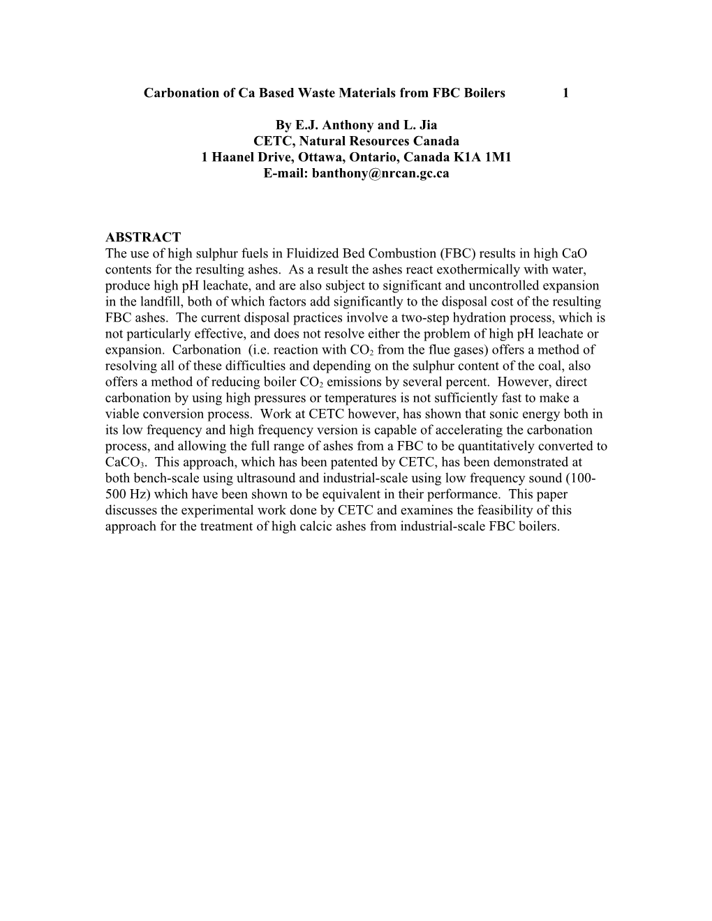 Carbonation of Ca Based Waste Materials from FBC Boilers