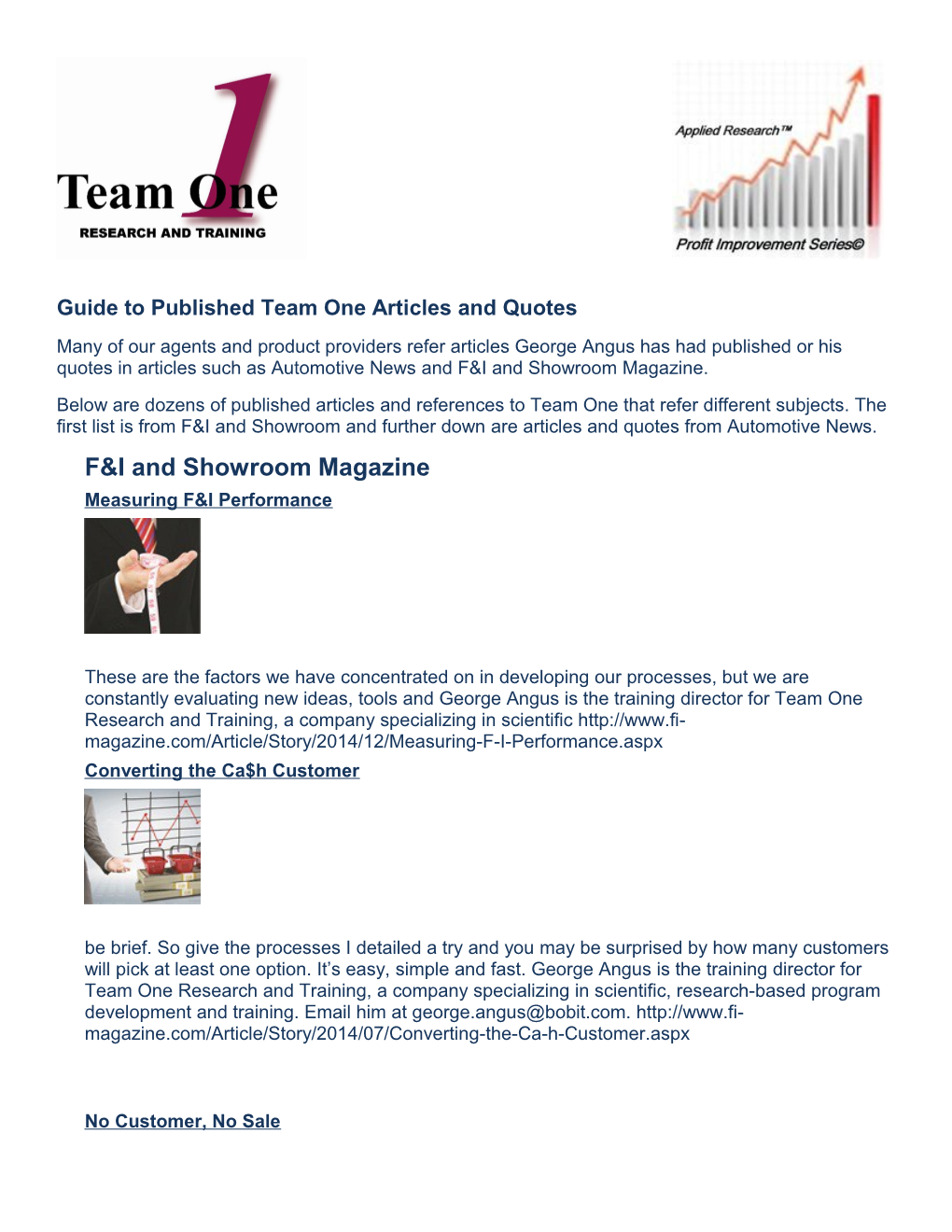 Guide to Published Team One Articles and Quotes