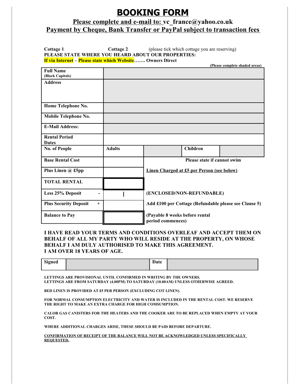 Booking Form - Cottage 1