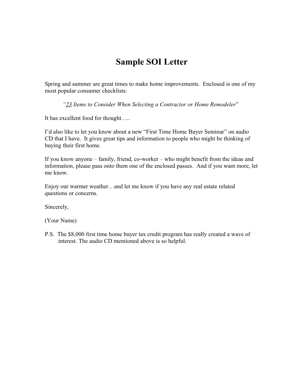 Sample SOI Letter