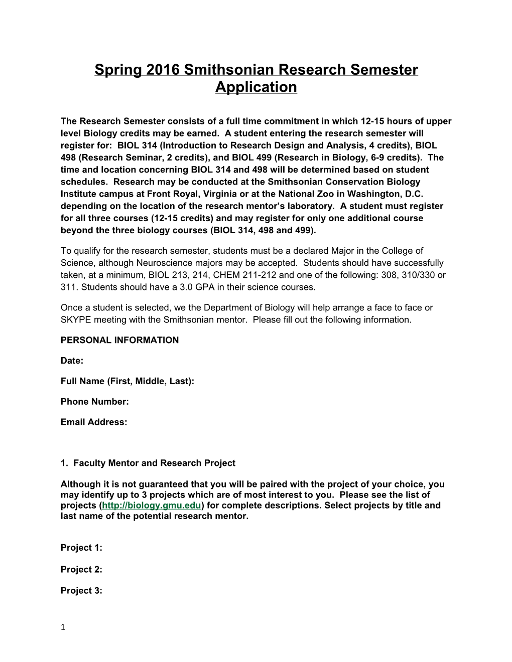 Spring 2016 Smithsonian Research Semester Application