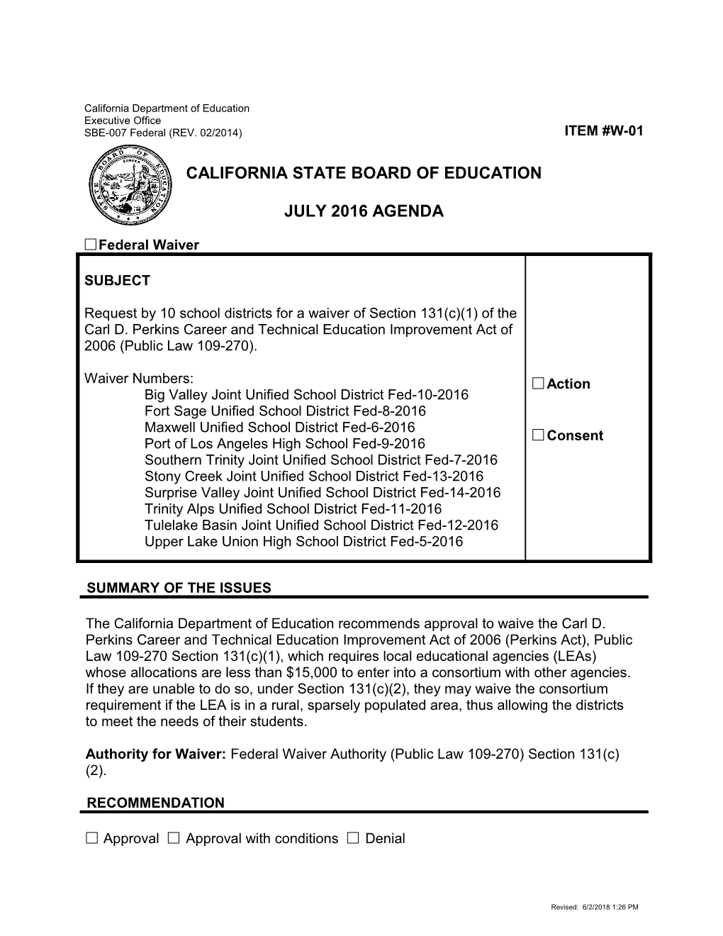 July 2016 Waiver Item W-01 - Meeting Agendas (CA State Board of Education)