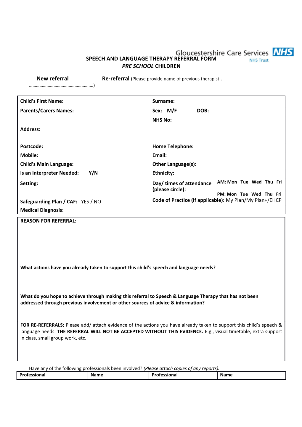 Speech and Language Therapy Referral Form