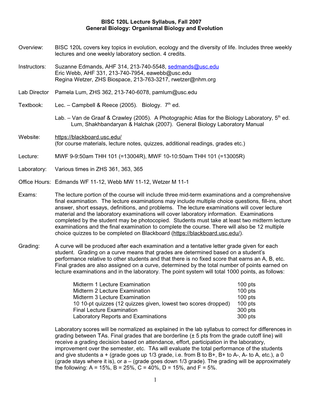 BISC 120L Lecture Syllabus, Fall 2007