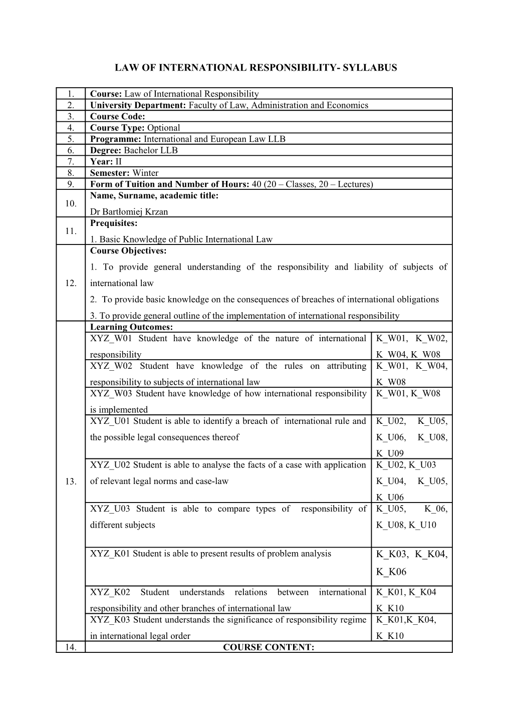 Law of International Responsibility- Syllabus