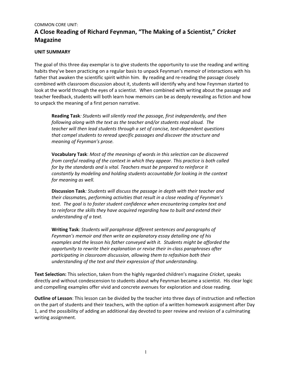 COMMON CORE UNIT: a Close Reading of Richard Feynman, the Making of a Scientist, Cricket