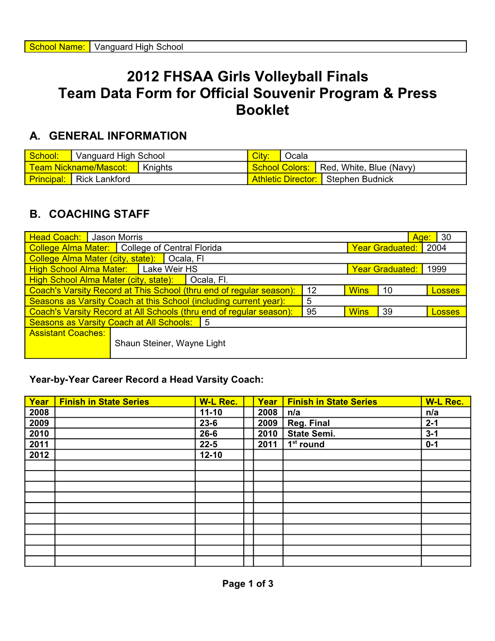 Team Data Form for Official Souvenir Program & Press Booklet