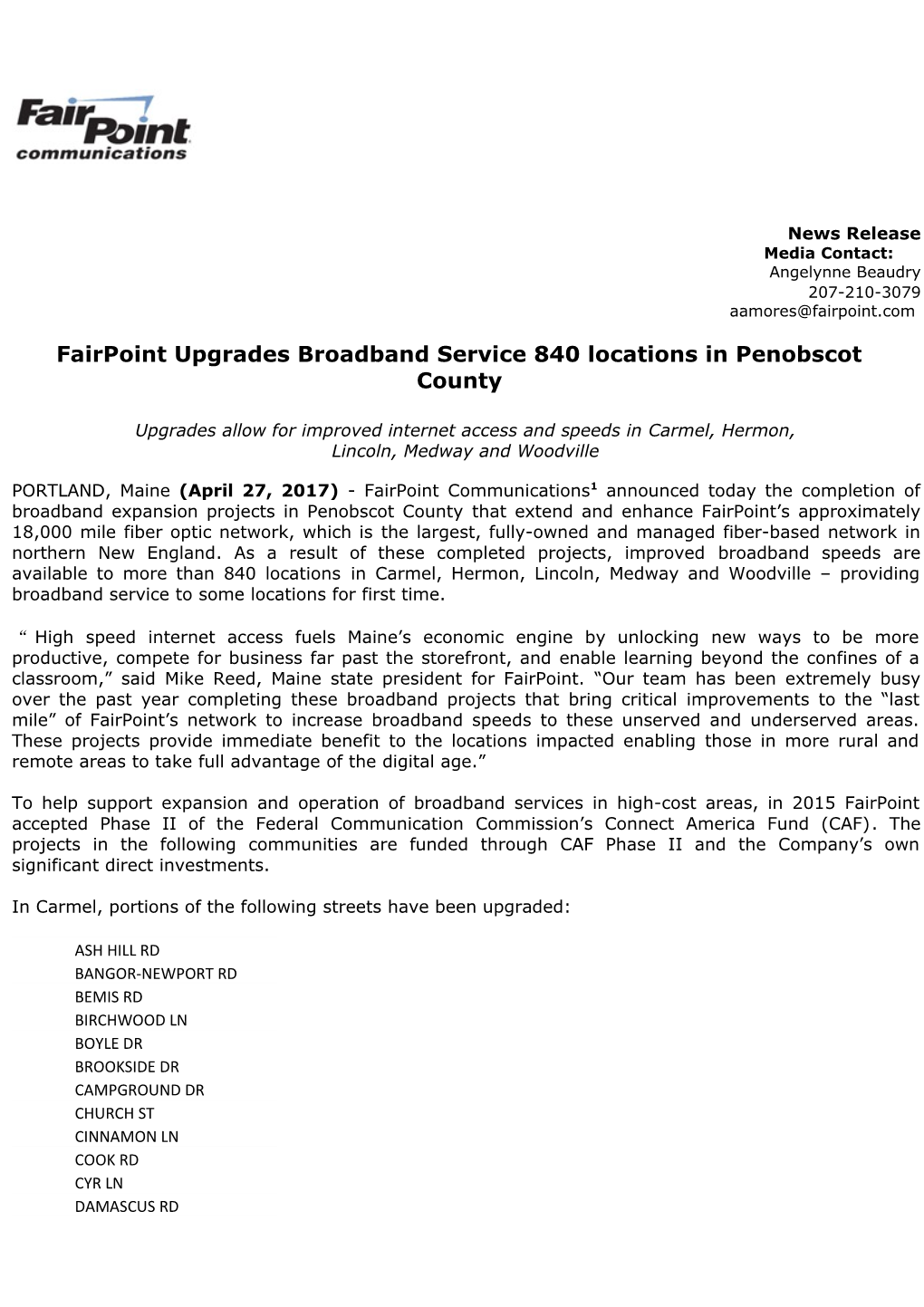 Fairpoint Upgrades Broadband Service 840 Locations in Penobscot County