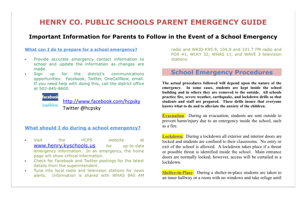 Henry Co. Public Schools Parent Emergency Guide