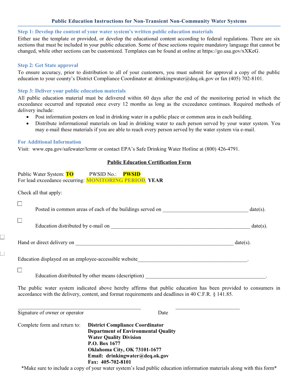 Public Education Instructions for Non-Transient Non-Community Water Systems