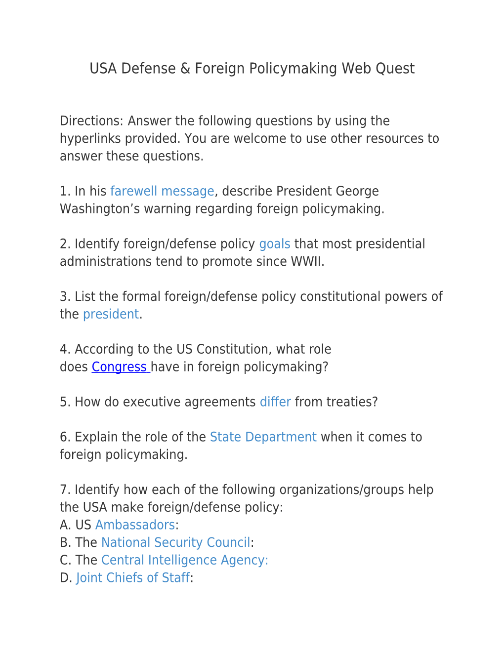 USA Defense & Foreign Policymaking Web Quest