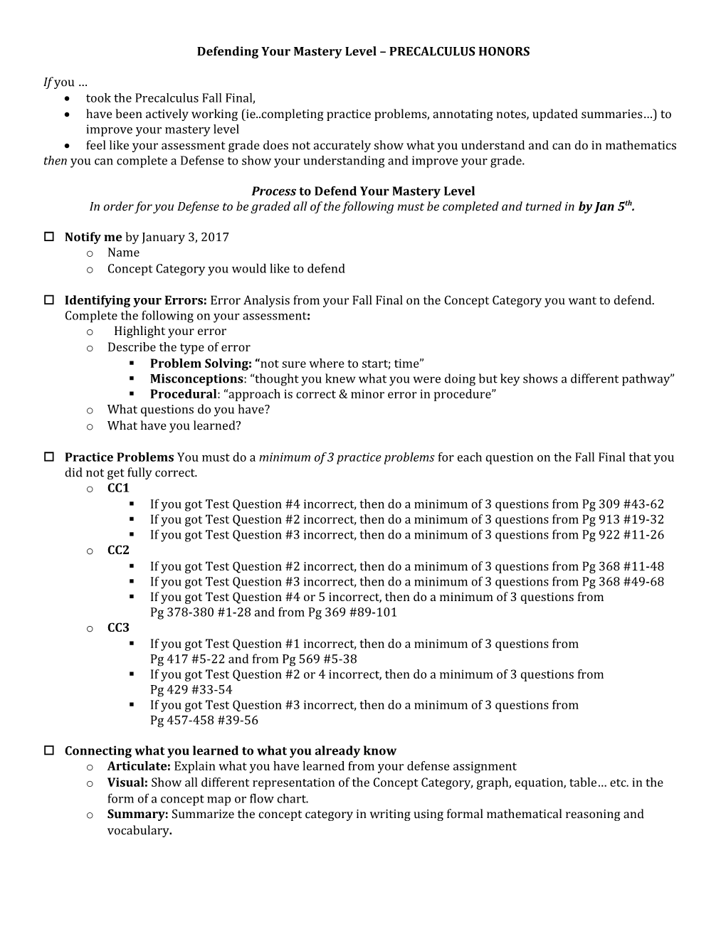 Defending Your Mastery Level PRECALCULUS HONORS