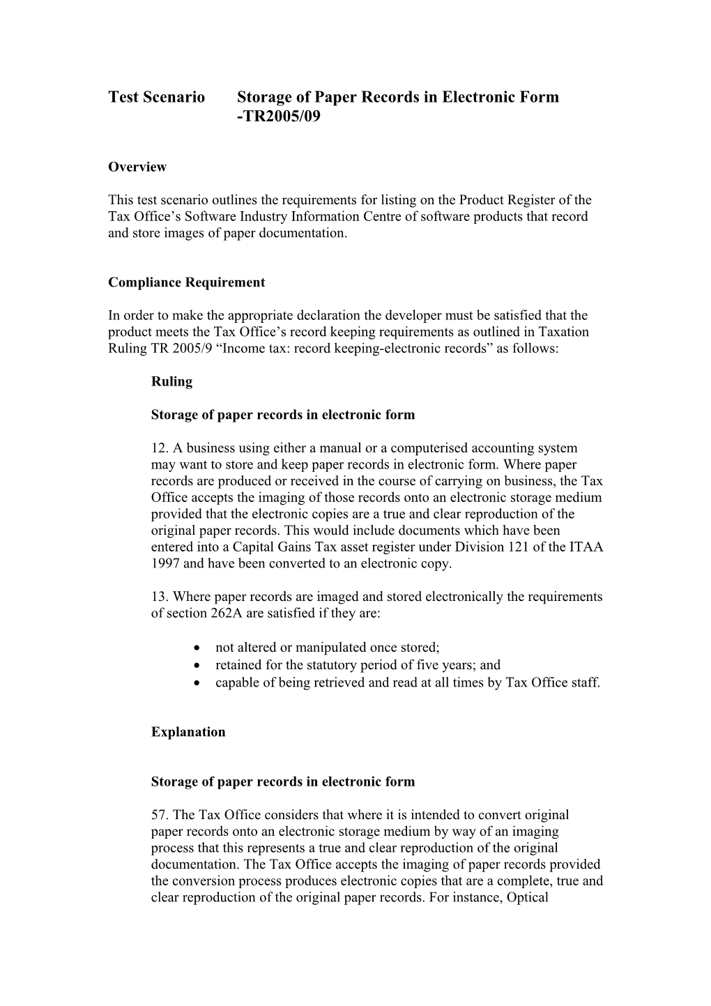 Test Scenario Storage of Paper Records in Electronic Form -TR2005/09