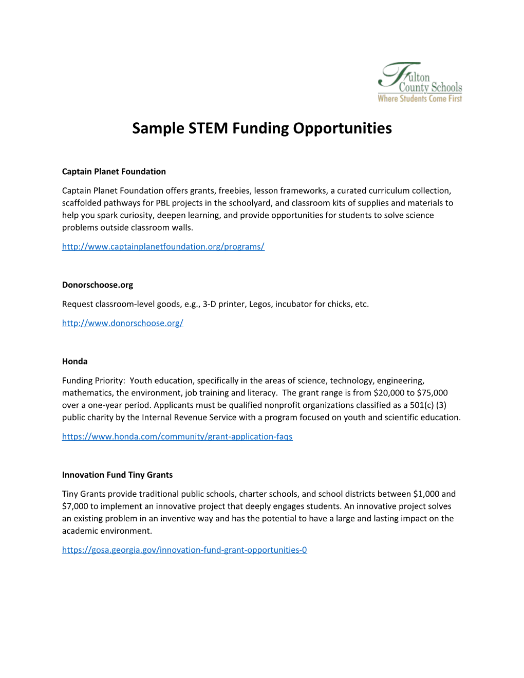 Sample Stemfunding Opportunities