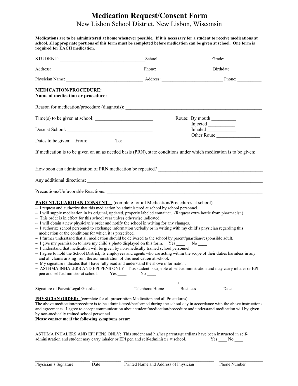 Medication Request/Consent Form