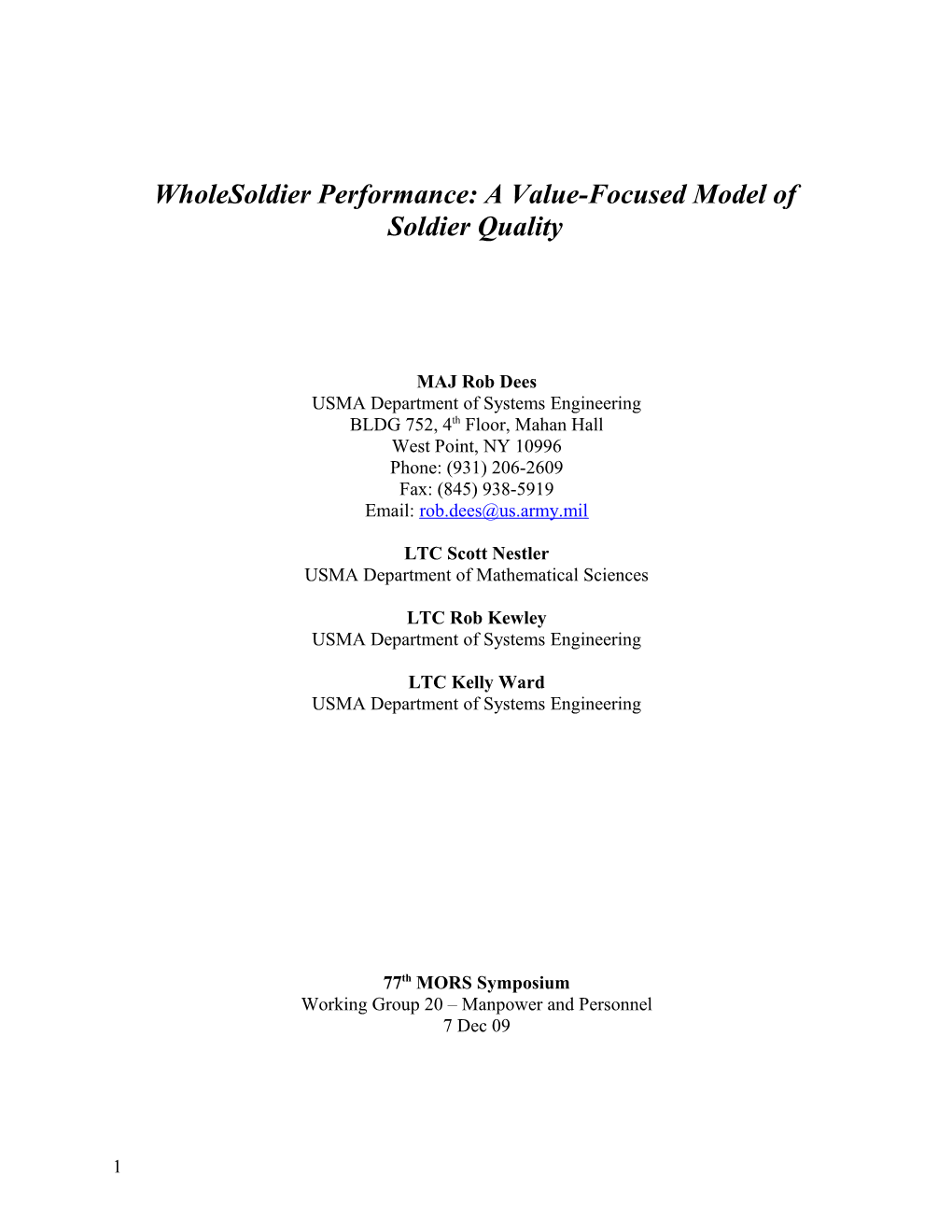 Wholesoldier Performance: a Value-Focused Model of Soldier Quality
