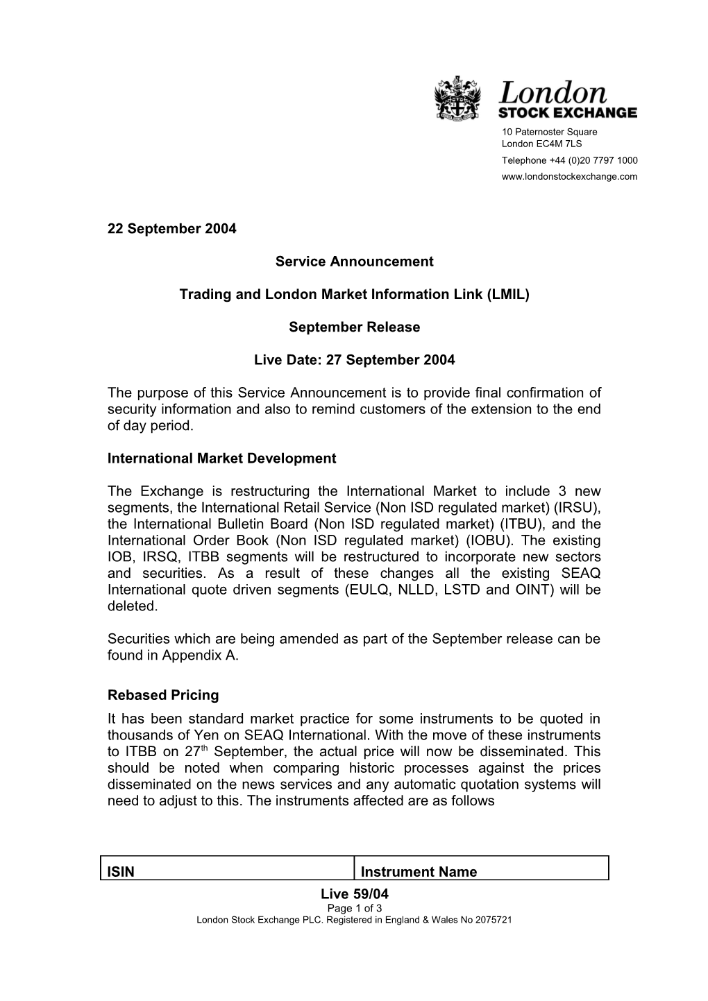 Trading and London Market Information Link (LMIL)