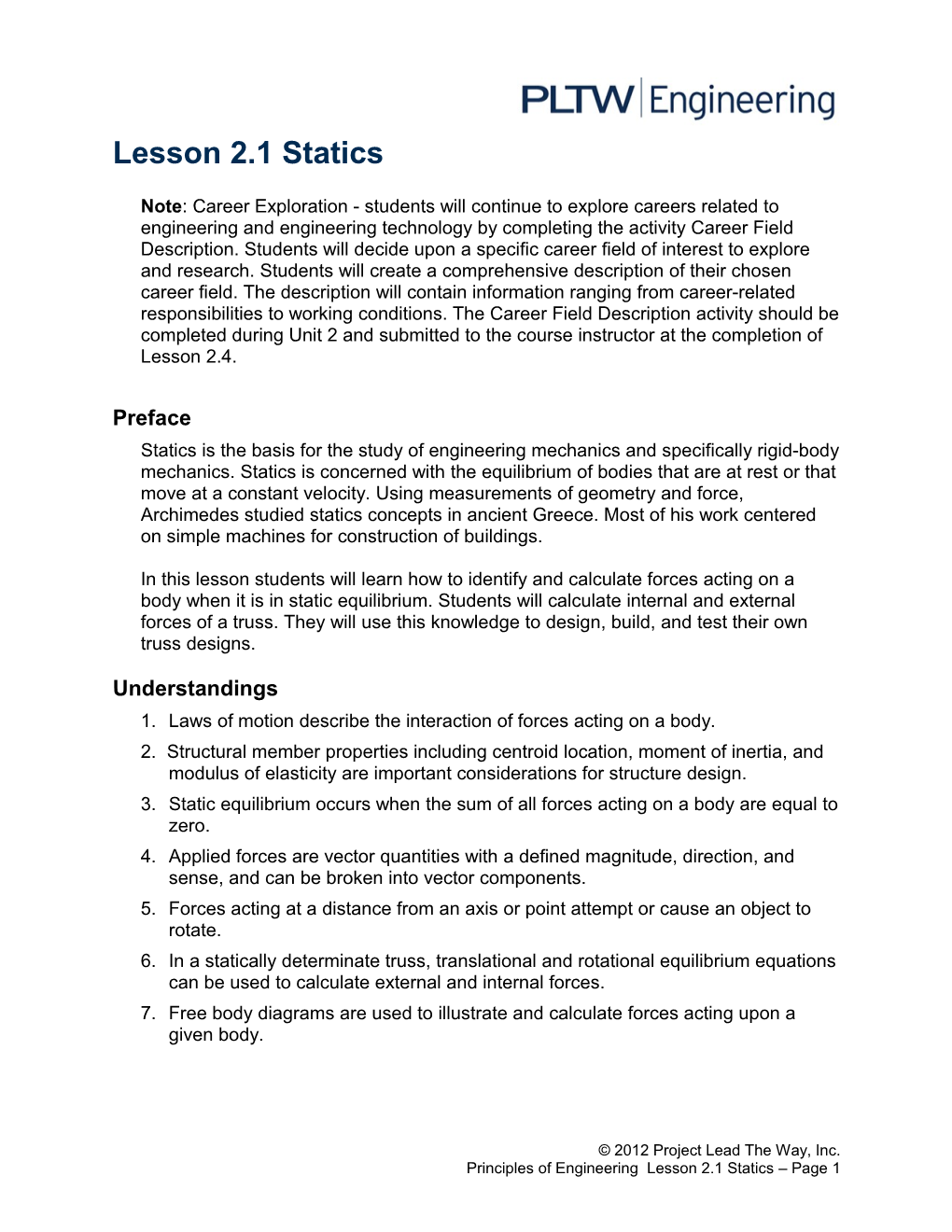 Lesson 2.1 Statics Overview