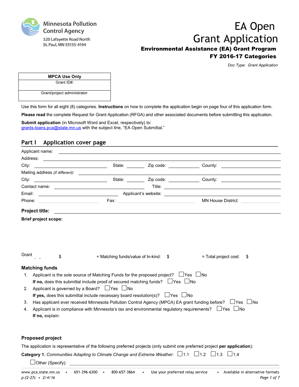 EA Open Grant Application - Environmental Assistance (EA) Grant Program - Form