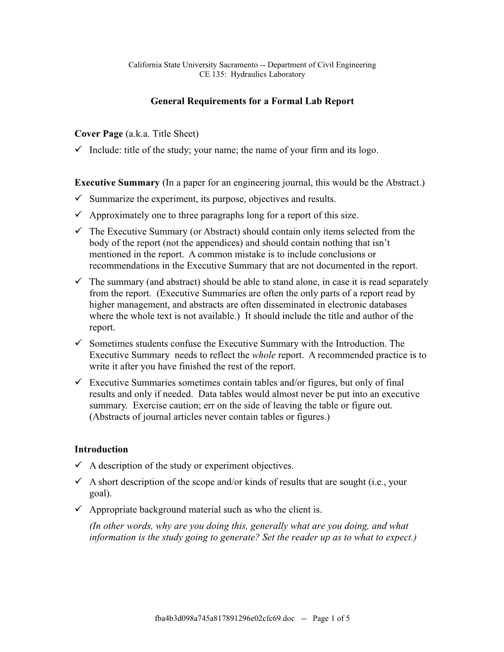 General Requirements for a Formal Lab Report