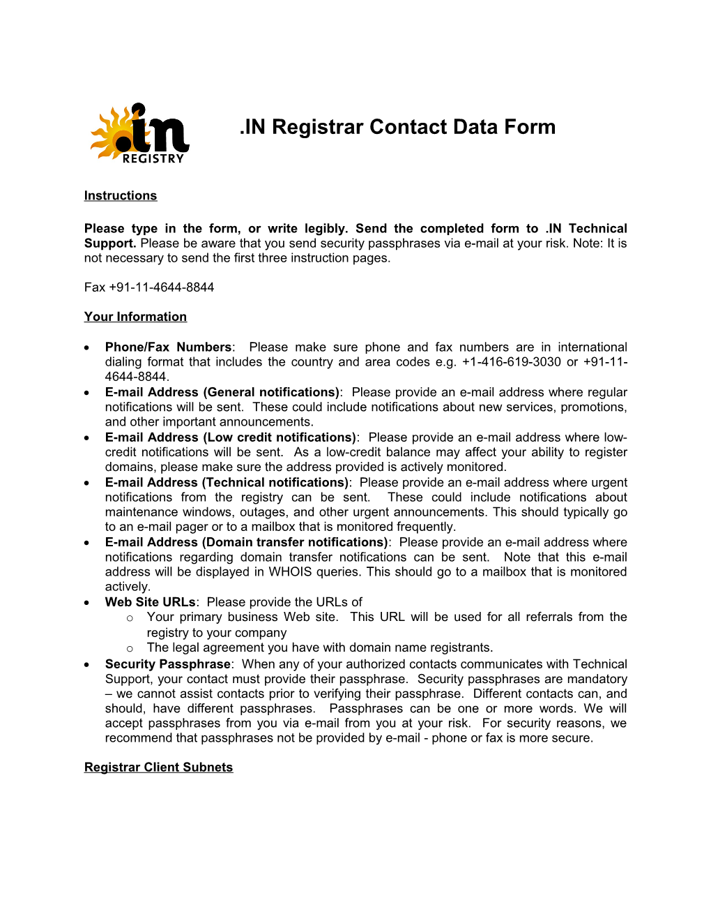 IN Registrar Data Form