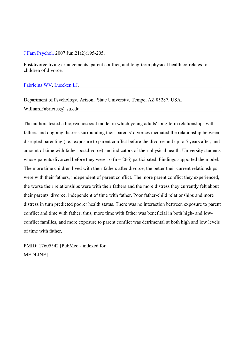 Postdivorce Living Arrangements, Parent Conflict, and Long-Term Physical Health Correlates