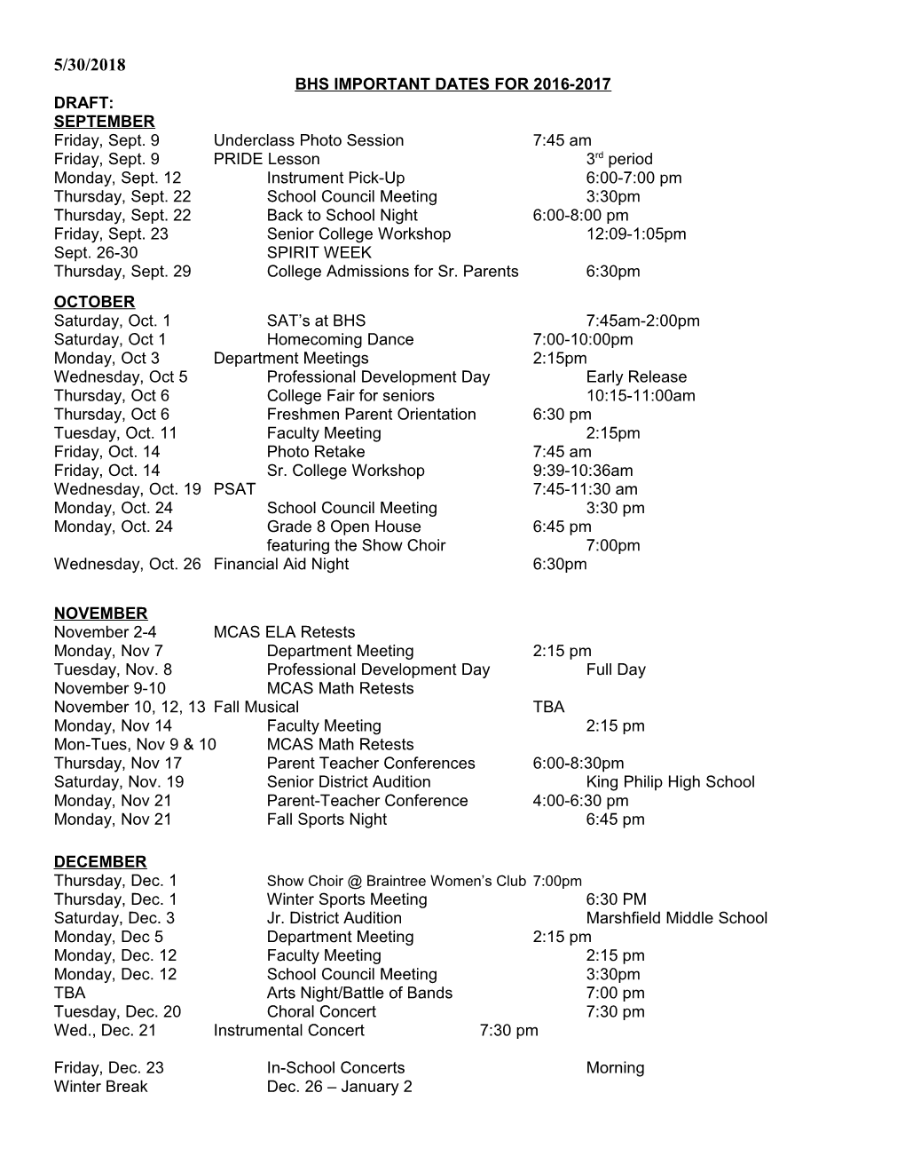 Bhs Important Dates for 2005-06 s1