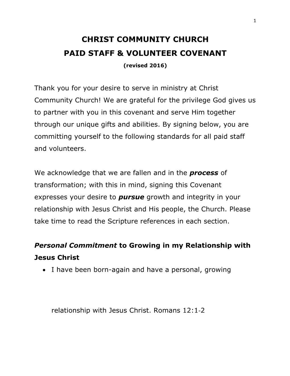 Paid Staff & Volunteer Covenant