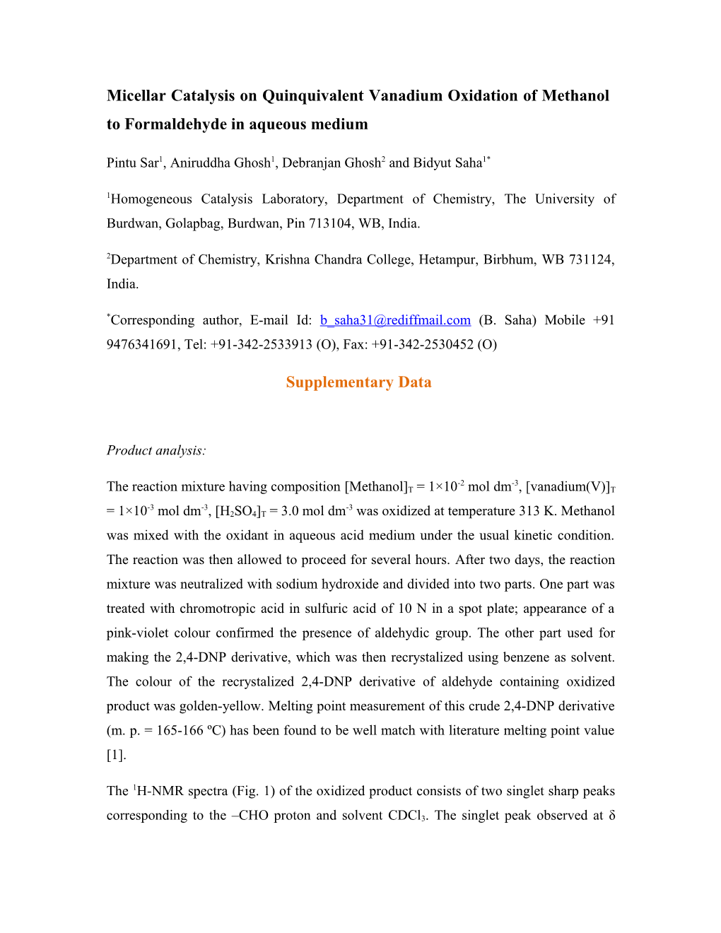 Kinetics and Mechanism of Quinquivalent Vanadium Oxidation of Methanol Catalyzed by Micellar