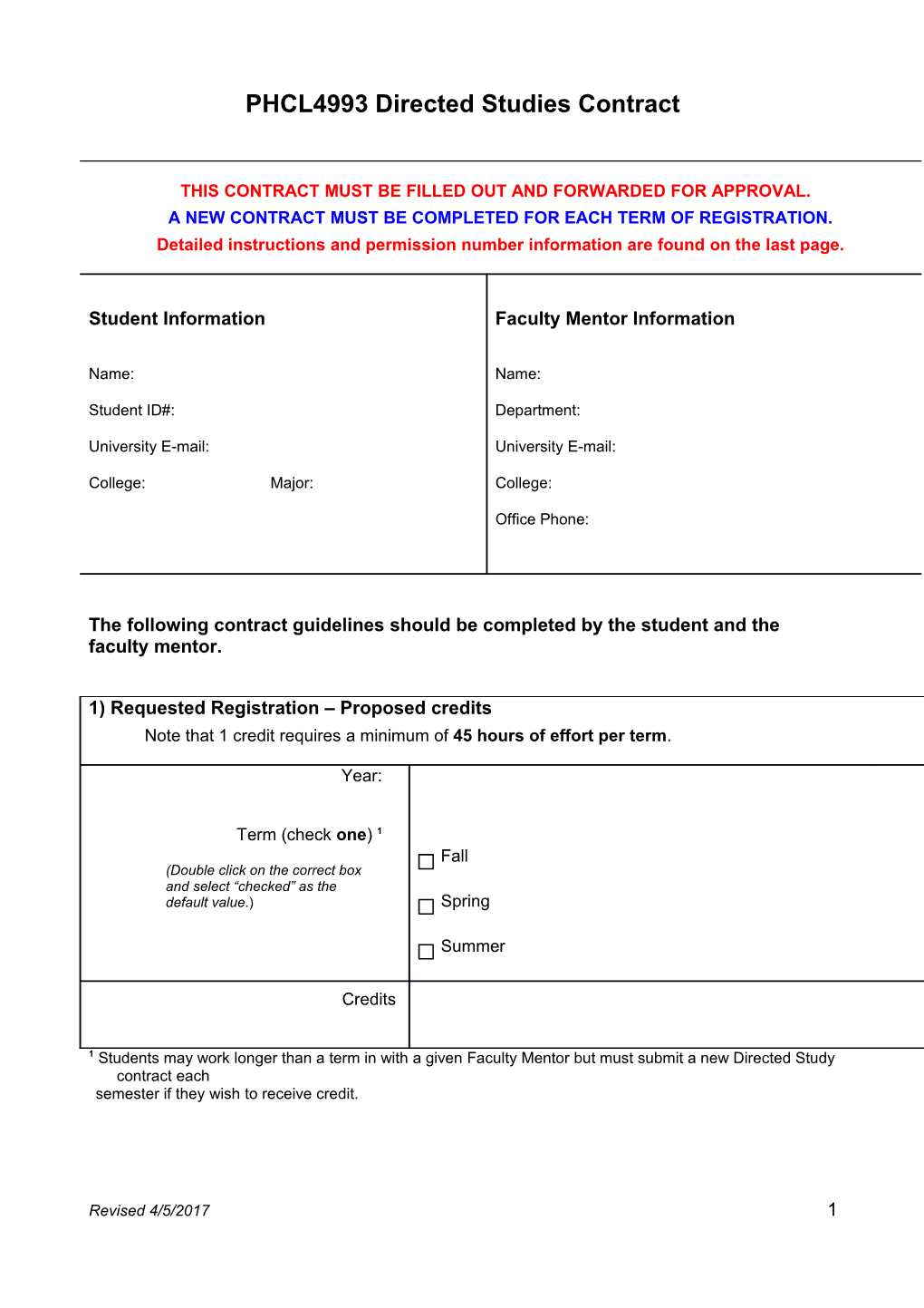 PHCL4993 Directed Studies Contract