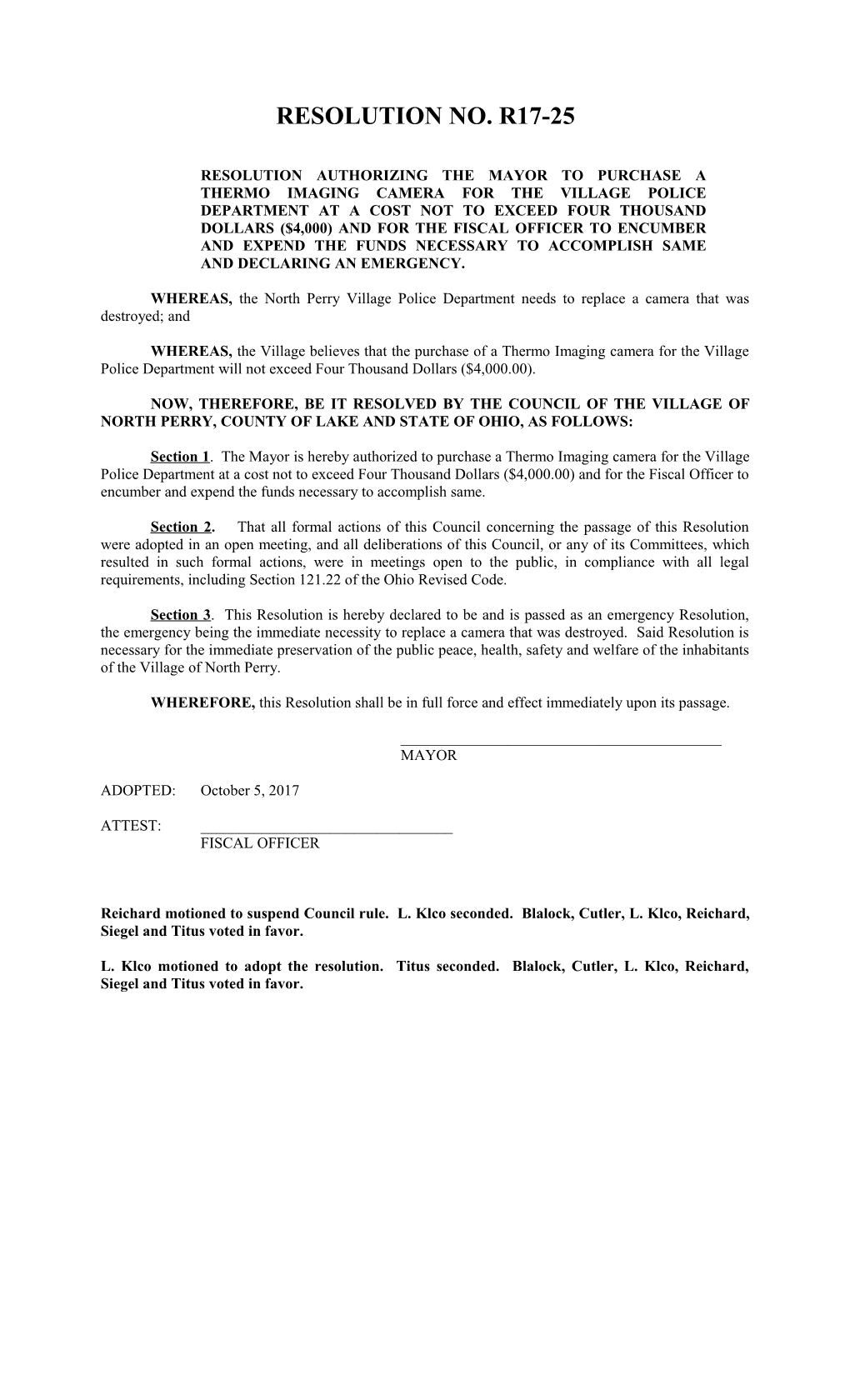 Resolution Authorizing the Mayor to Purchase a Thermo Imaging Camera for the Village Police