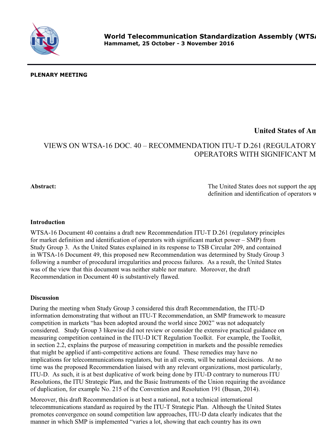 WTSA-16 Document 40 Contains a Draft New Recommendation ITU-T D.261 (Regulatory Principles