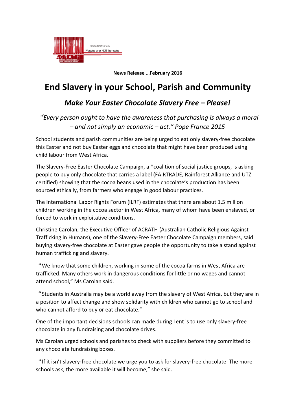 End Slavery in Your School, Parish and Community