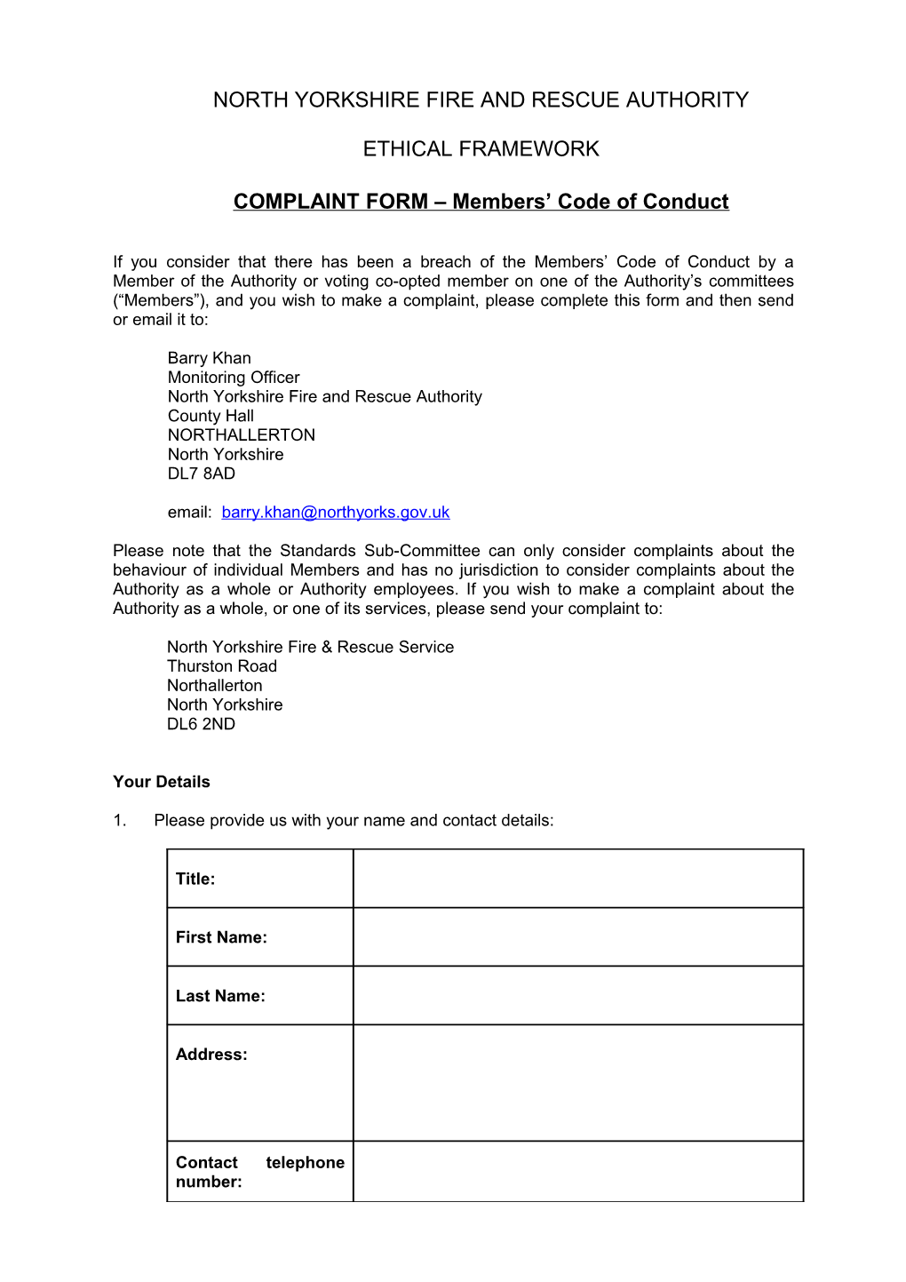 COMPLAINT FORM Members Code of Conduct