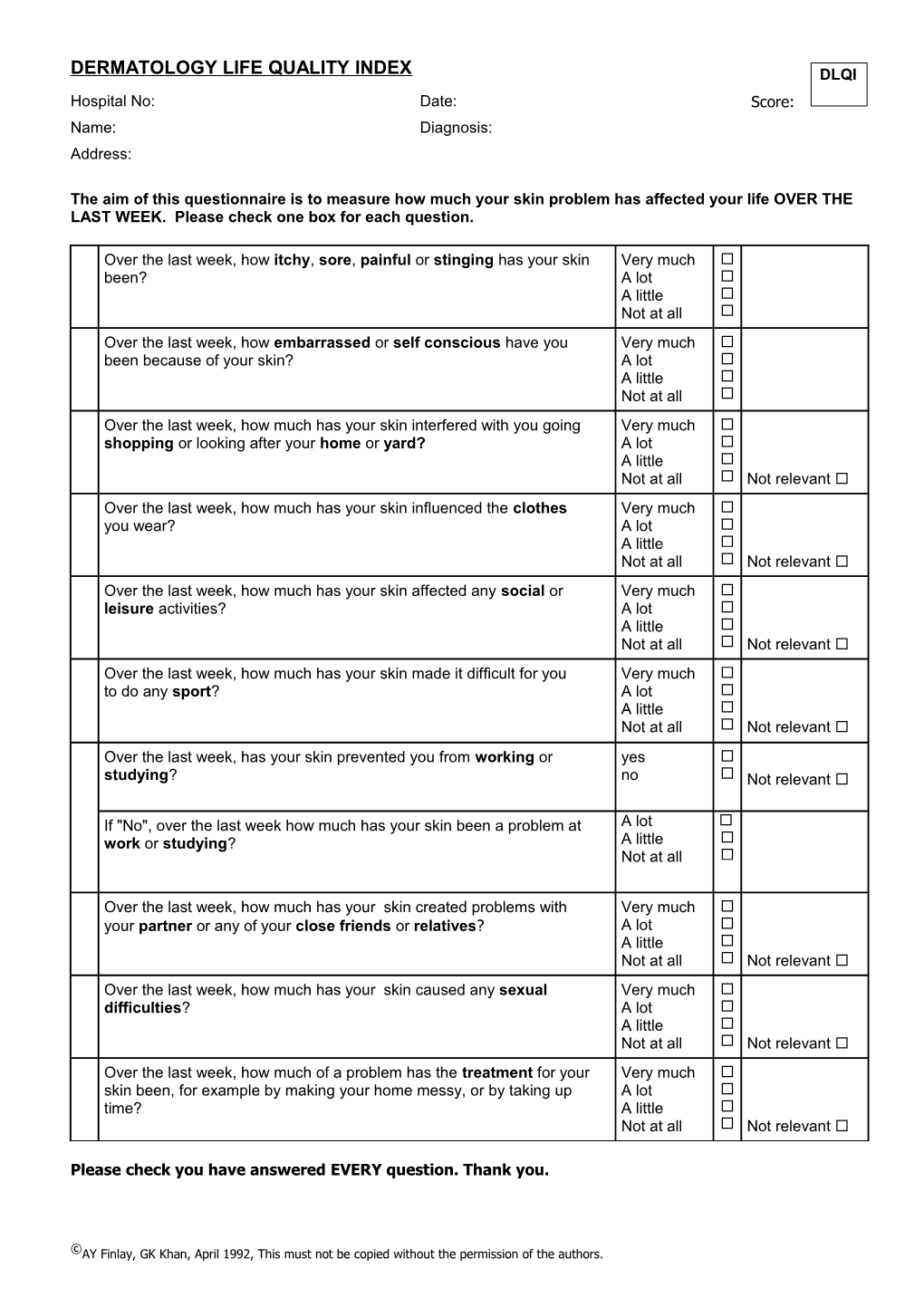 Dermatology Life Quality Index