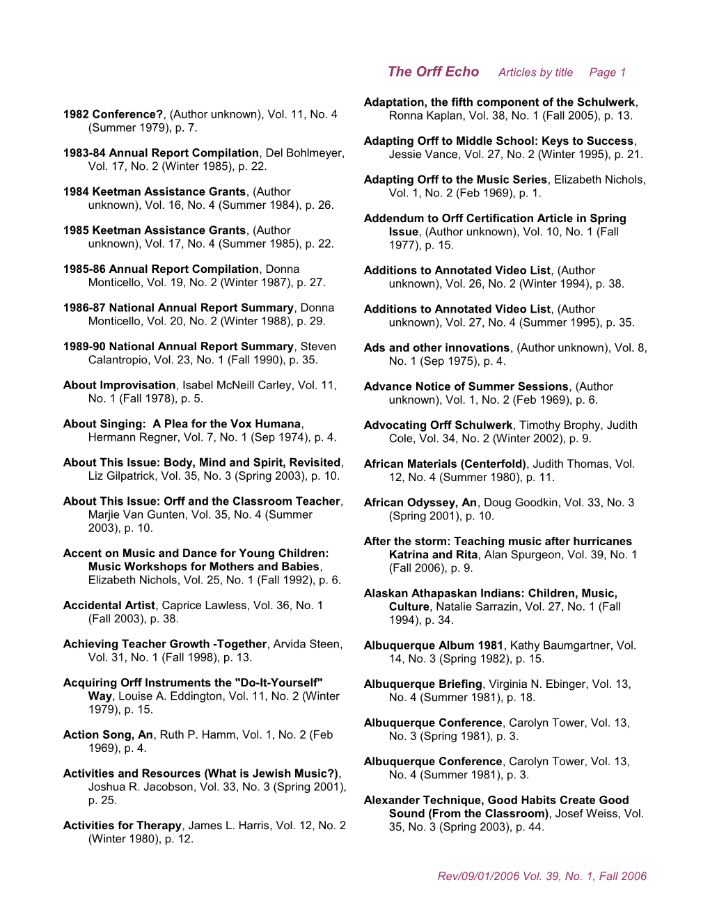 The Orff Echo Articles by Title Page 1