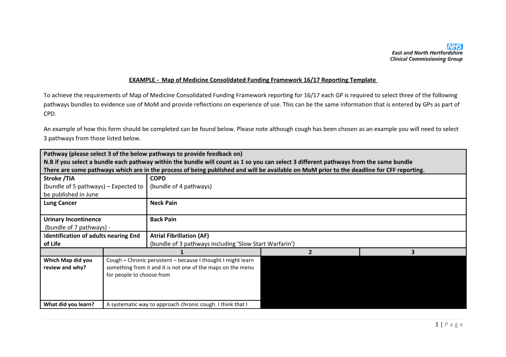 EXAMPLE - Map of Medicine Consolidated Funding Framework 16/17 Reporting Template