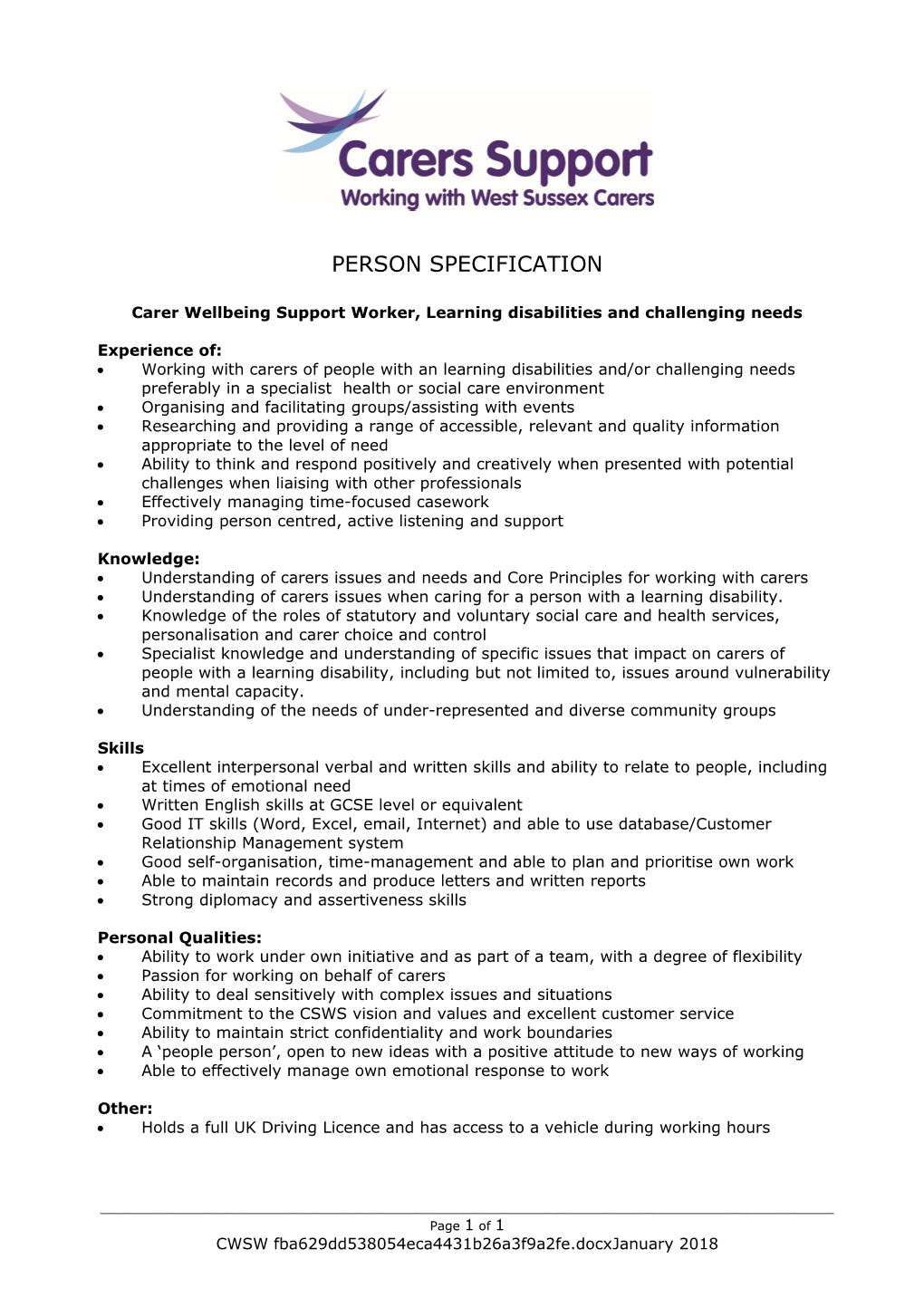 Carer Wellbeing Support Worker, Learning Disabilities and Challenging Needs