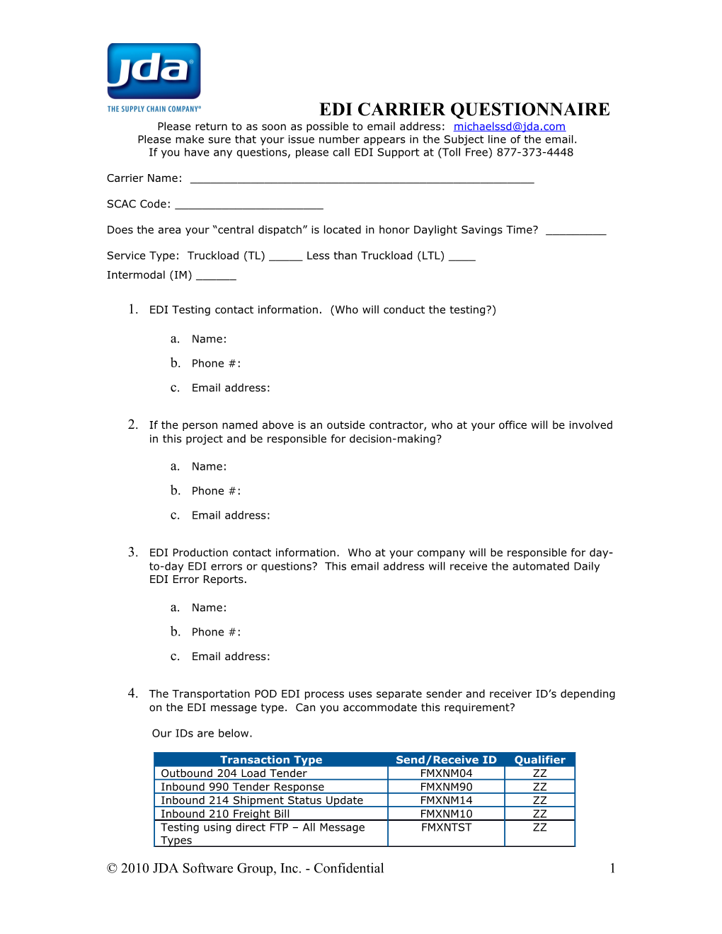 EDI Carrier Questionnaire
