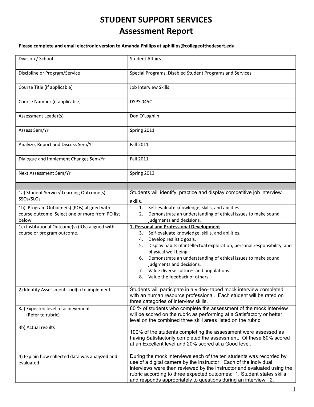 Student Support Services Assessment Report