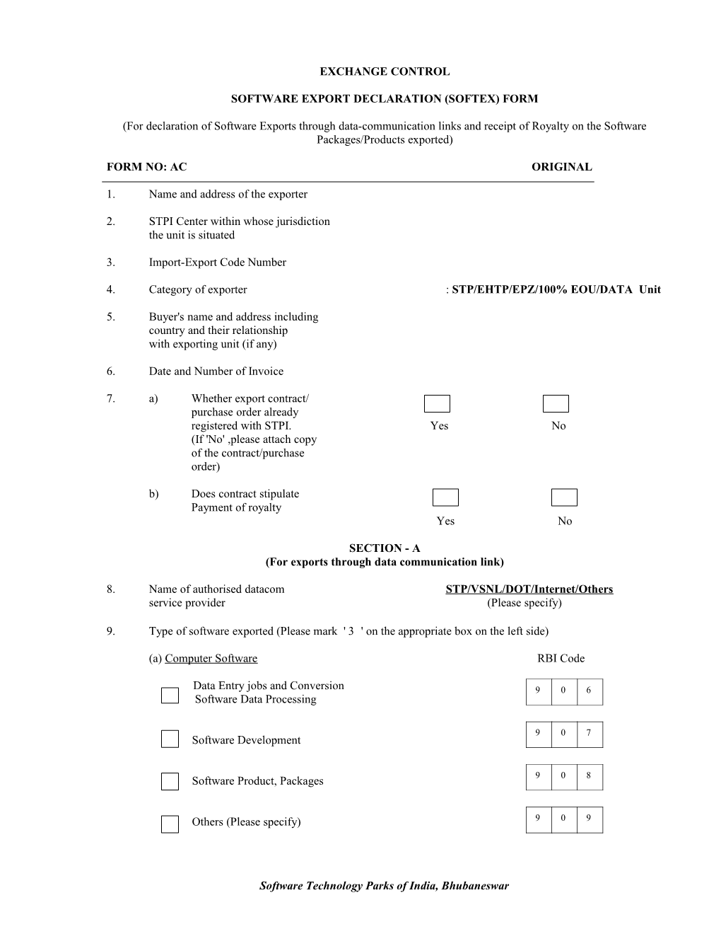 Software Export Declaration (Softex) Form