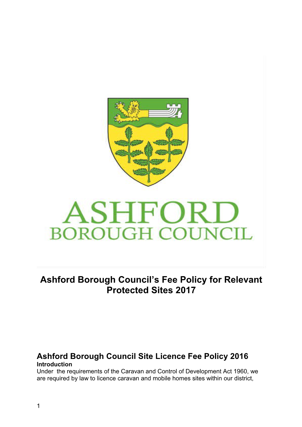 Ashford Borough Council S Fee Policy for Relevant Protected Sites 2017