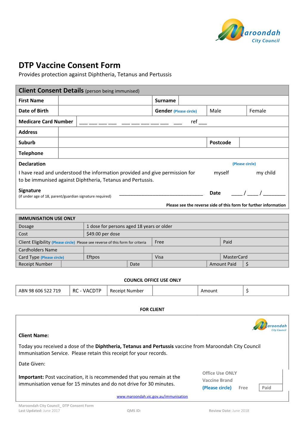 DTP Vaccine Consent Form Provides Protection Against Diphtheria, Tetanus and Pertussis